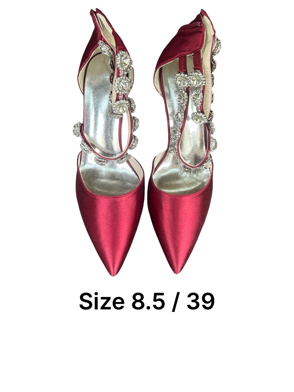 Women’s Satin Pointed-Toe Heels with Crystal T-Strap - Burgundy - Picture 3 of 4